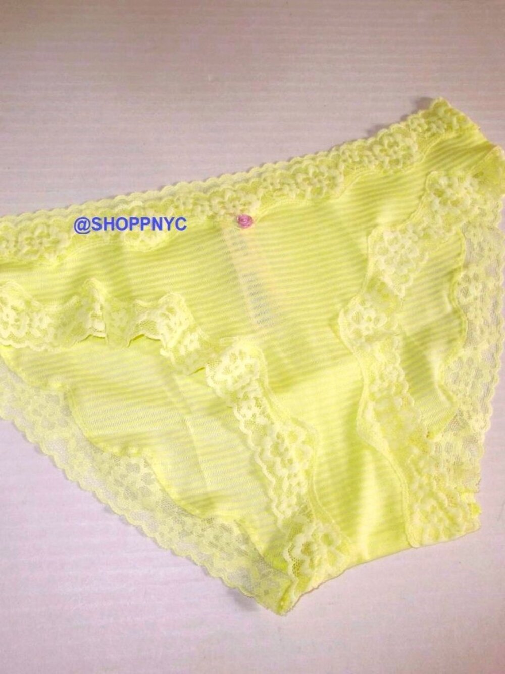 VICTORIA SECRET Cotton Shadow Stripe Lace Trim Bikini Panty Yellow S M L